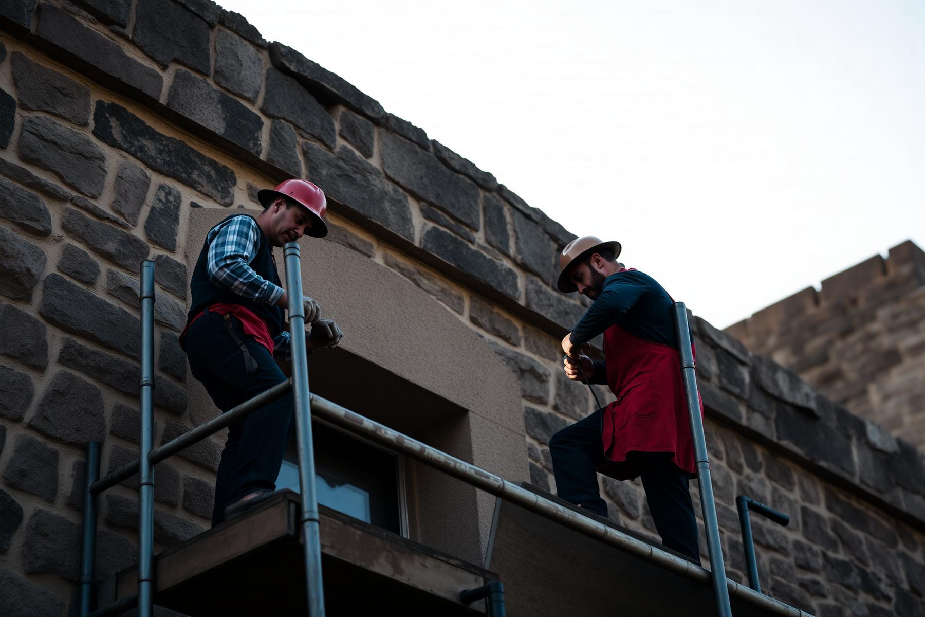 Vakmensen aan het werk op een erfgoedrestauratie