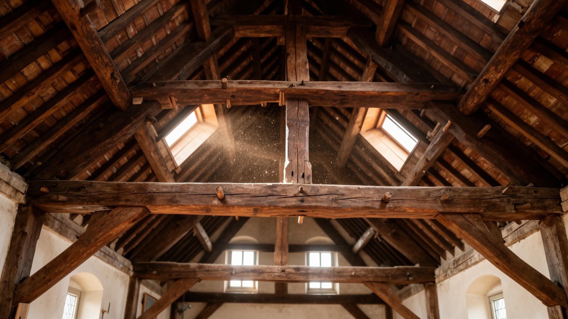Oud dakgebinte met massieve houten balken in een historisch gebouw
